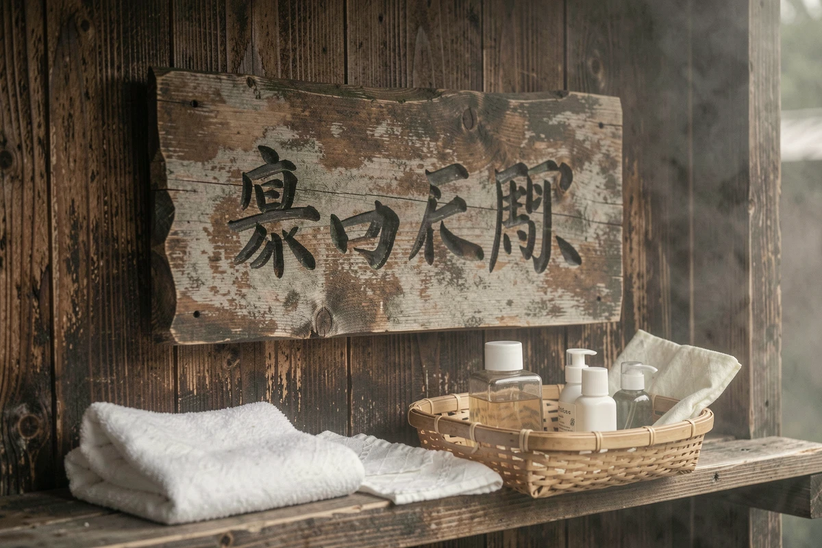 Panneau en kanji d'un établissement thermal japonais onsen avec serviette tenugui et accessoires de bain traditionnels