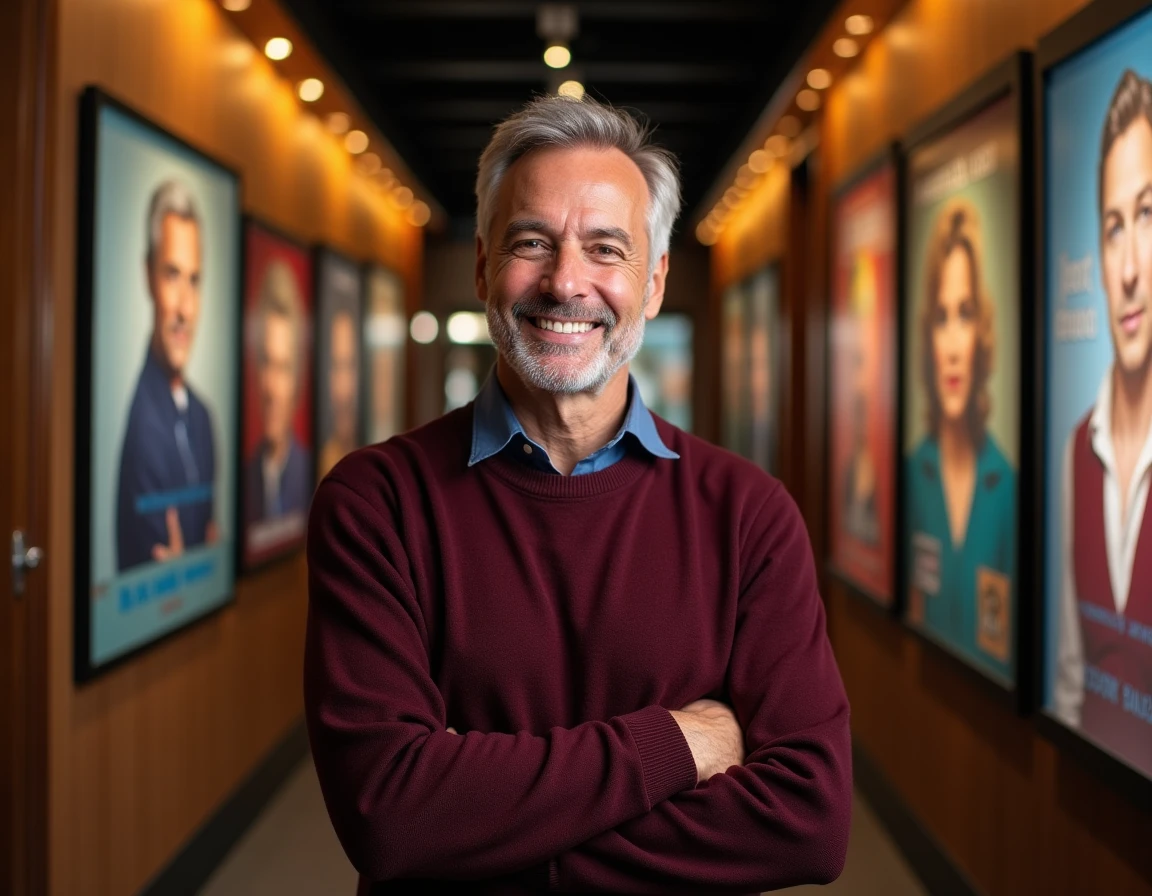 Animateur télévision souriant dans un couloir de studio décoré d'affiches d'émissions emblématiques illustrant un long parcours dans la télévision française