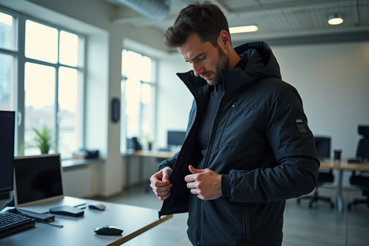 Personne ajustant une veste hightech dans un intérieur lumineux