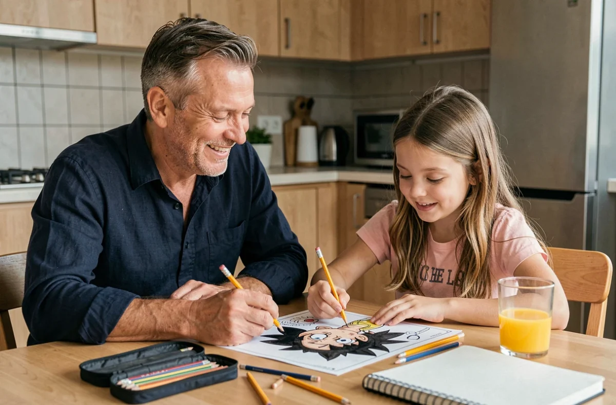 Père et fille coloriant ensemble une feuille Dragon Ball avec des crayons sur la table de cuisine