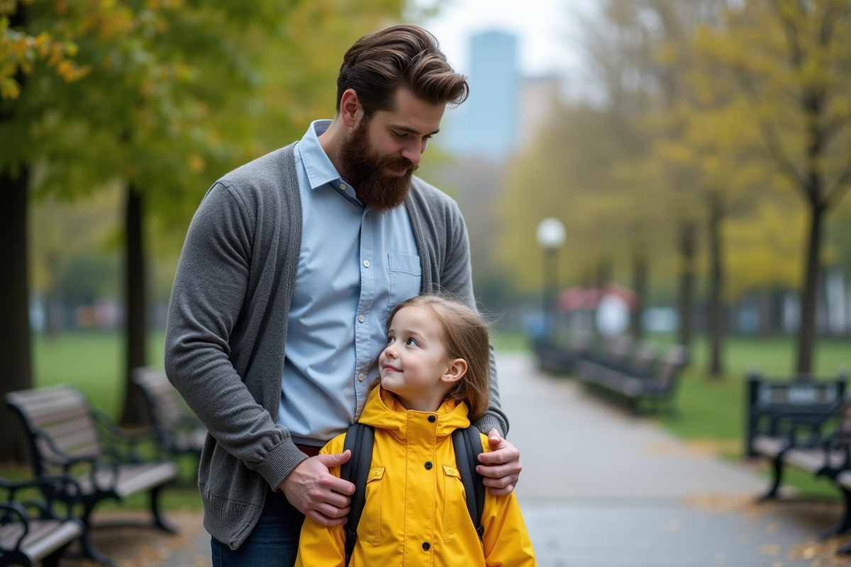 Père et fille dans un parc urbain au printemps