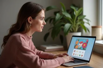 Femme personnalisant une cybercarte animée sur son ordinateur portable dans un bureau à domicile moderne