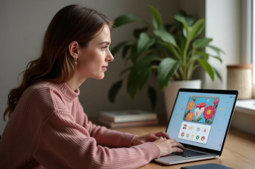 Femme personnalisant une cybercarte animée sur son ordinateur portable dans un bureau à domicile moderne