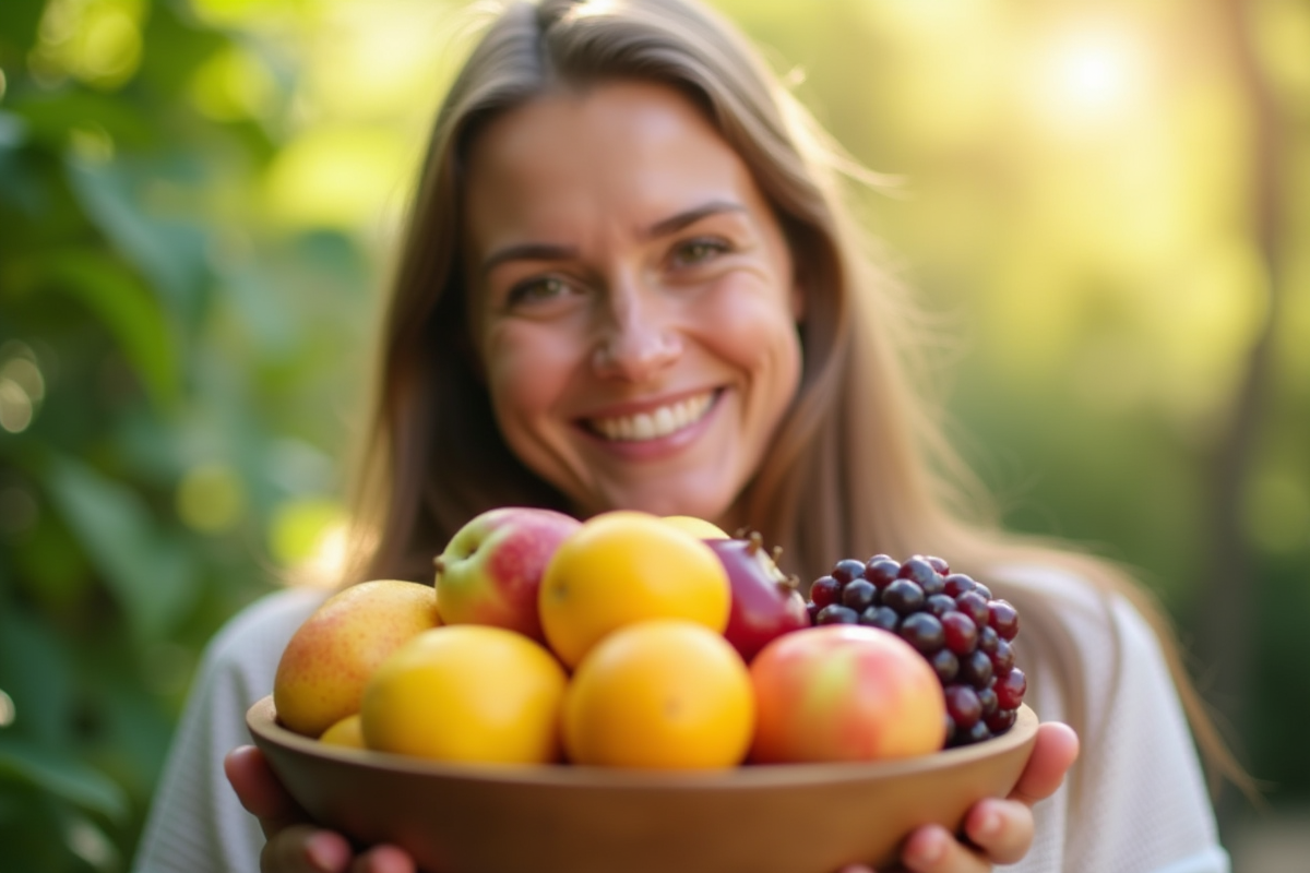 Personne souriante tenant un bol de fruits en plein air