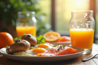 Table de petit déjeuner avec saumon frais et jus d'orange