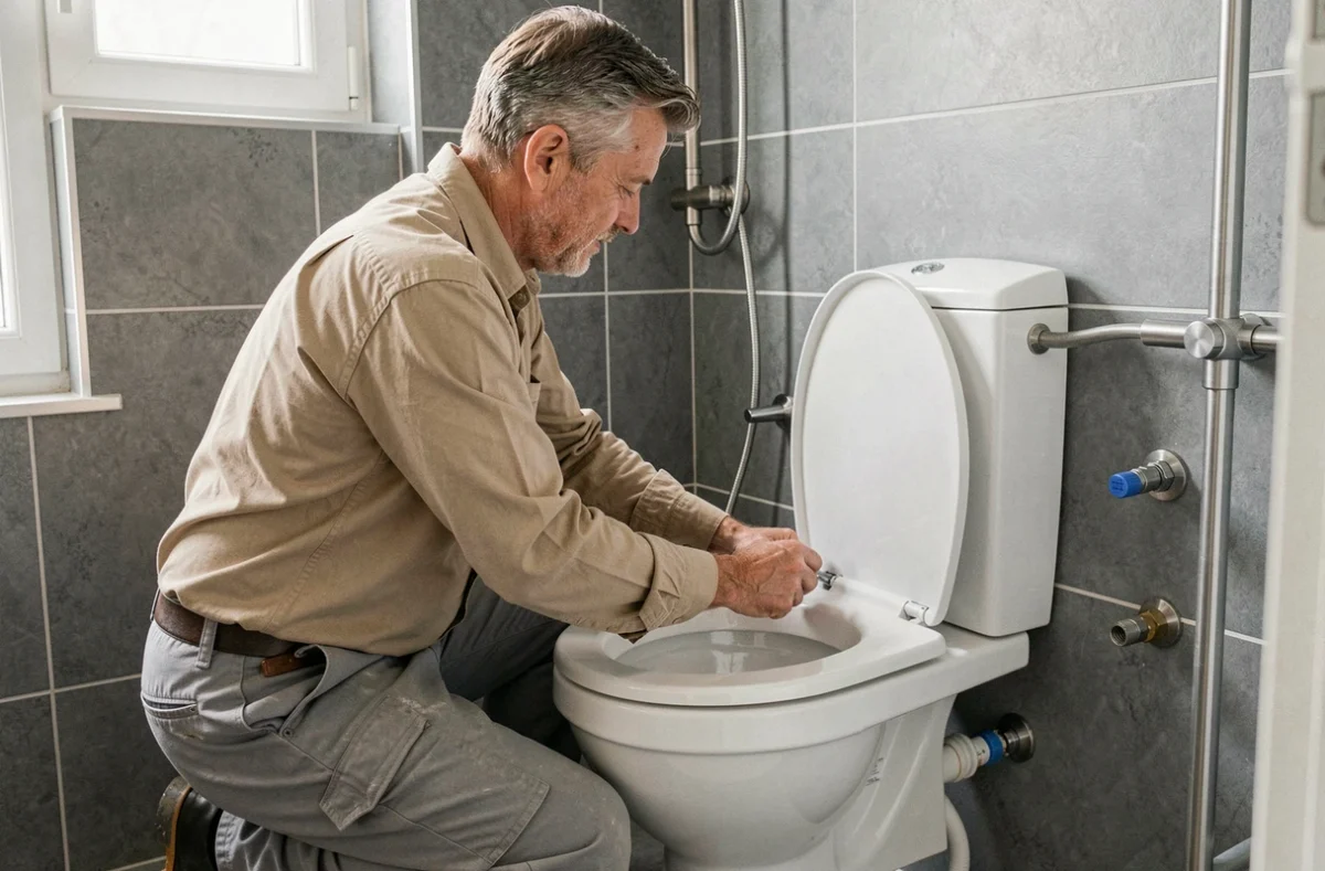 Plombier installant des sanitaires dans une salle de bain rénovée lors d'une installation de plomberie