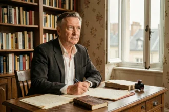 Homme d'âge mûr assis à un bureau parisien vintage entouré de manuscrits évoquant l'univers romanesque des Années glorieuses de Pierre Lemaitre