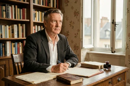 Homme d'âge mûr assis à un bureau parisien vintage entouré de manuscrits évoquant l'univers romanesque des Années glorieuses de Pierre Lemaitre