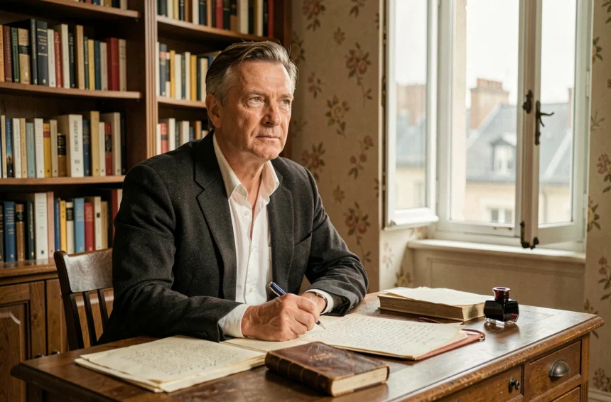 Homme d'âge mûr assis à un bureau parisien vintage entouré de manuscrits évoquant l'univers romanesque des Années glorieuses de Pierre Lemaitre