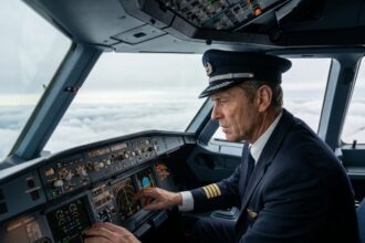 Pilote d'avion en cockpit moderne avec panneau digital