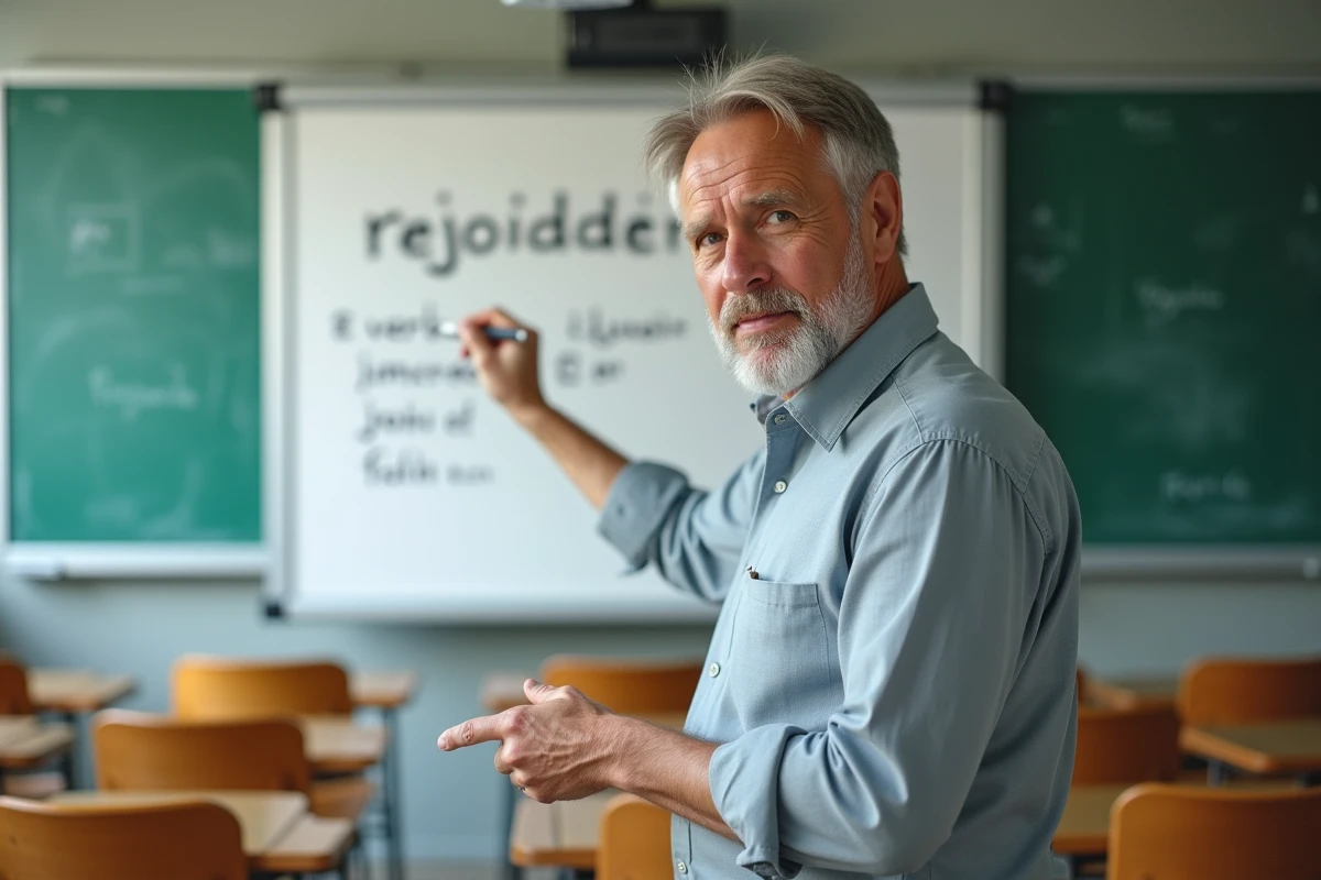 Professeur de français écrivant la conjugaison du verbe rejoindre au tableau dans une salle de classe universitaire