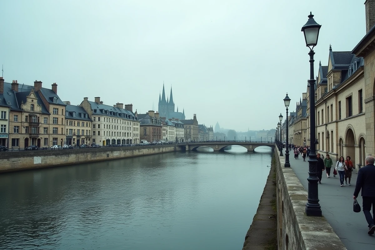 Vue des quais de Rouen le long de la Seine avec bâtiments historiques et cathédrale gothique illustrant l'urbanisation dense de la métropole normande