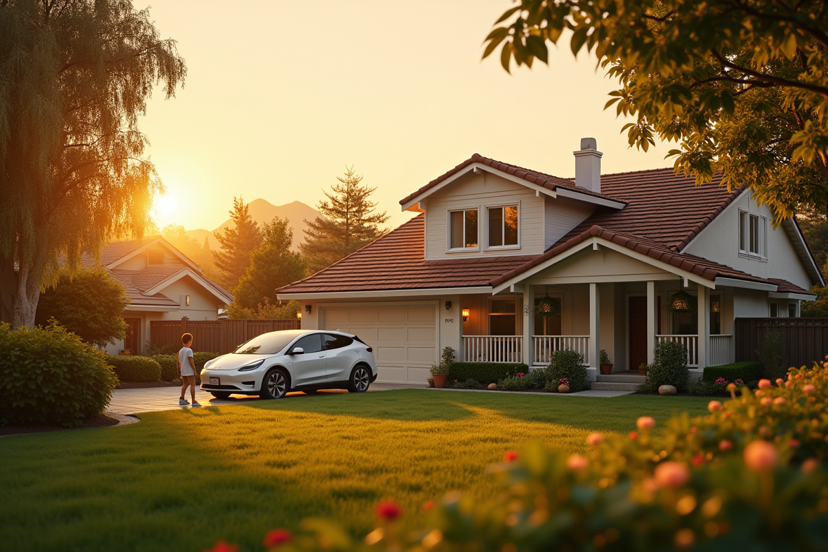 Quartier résidentiel californien au coucher du soleil avec maison et enfants dans le jardin