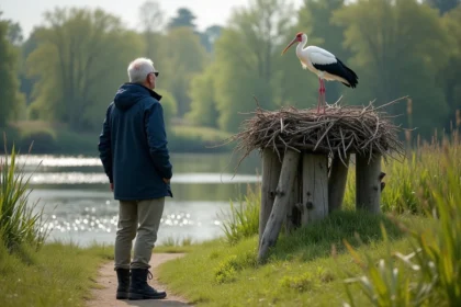 Homme en randonnée observant un grand héron blanc sur son nid