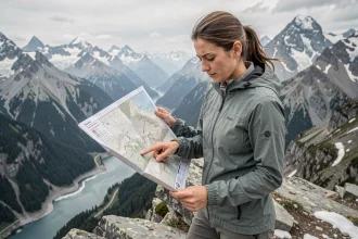 Randonneuse consultant une carte topographique des massifs alpins depuis un belvédère rocheux en France