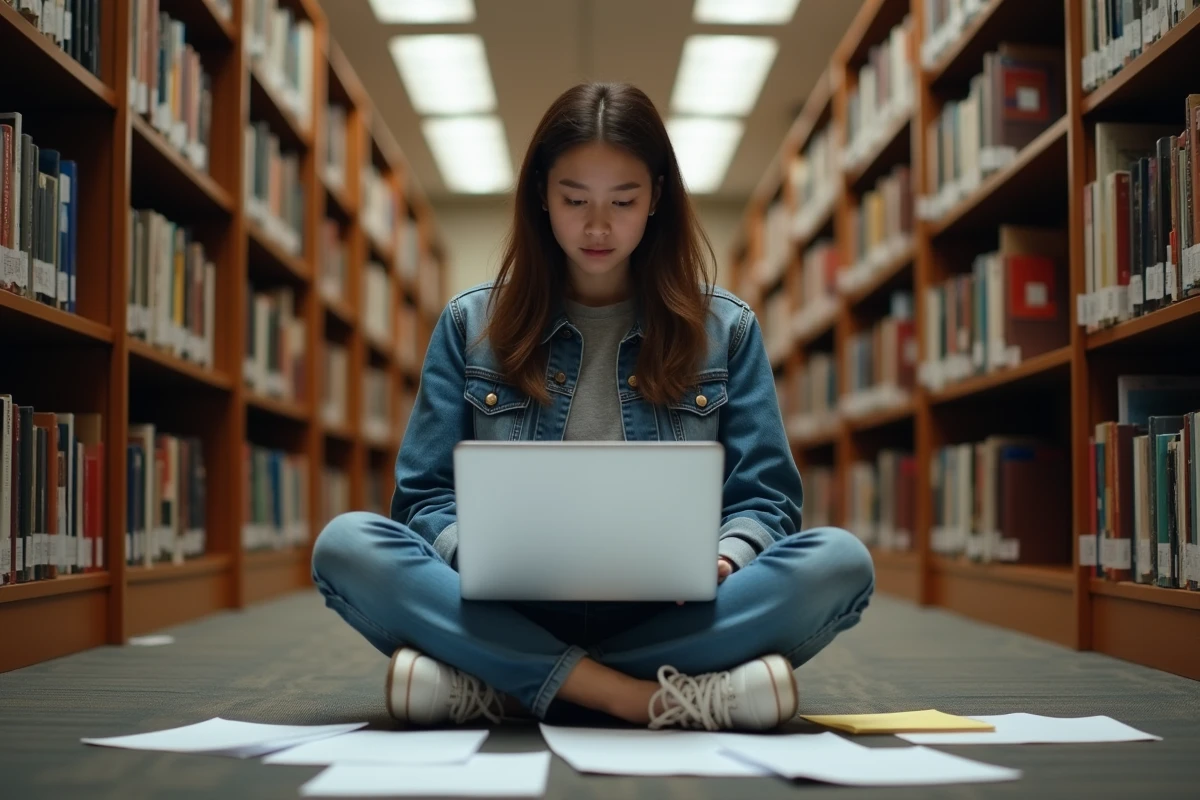 Jeune femme consultant des ressources en ligne sur l'accord du participe passé à la bibliothèque avec des notes imprimées