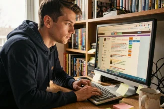 Jeune homme parcourant un ancien forum JVC sur son ordinateur de bureau à la recherche d'un vieux topic archivé