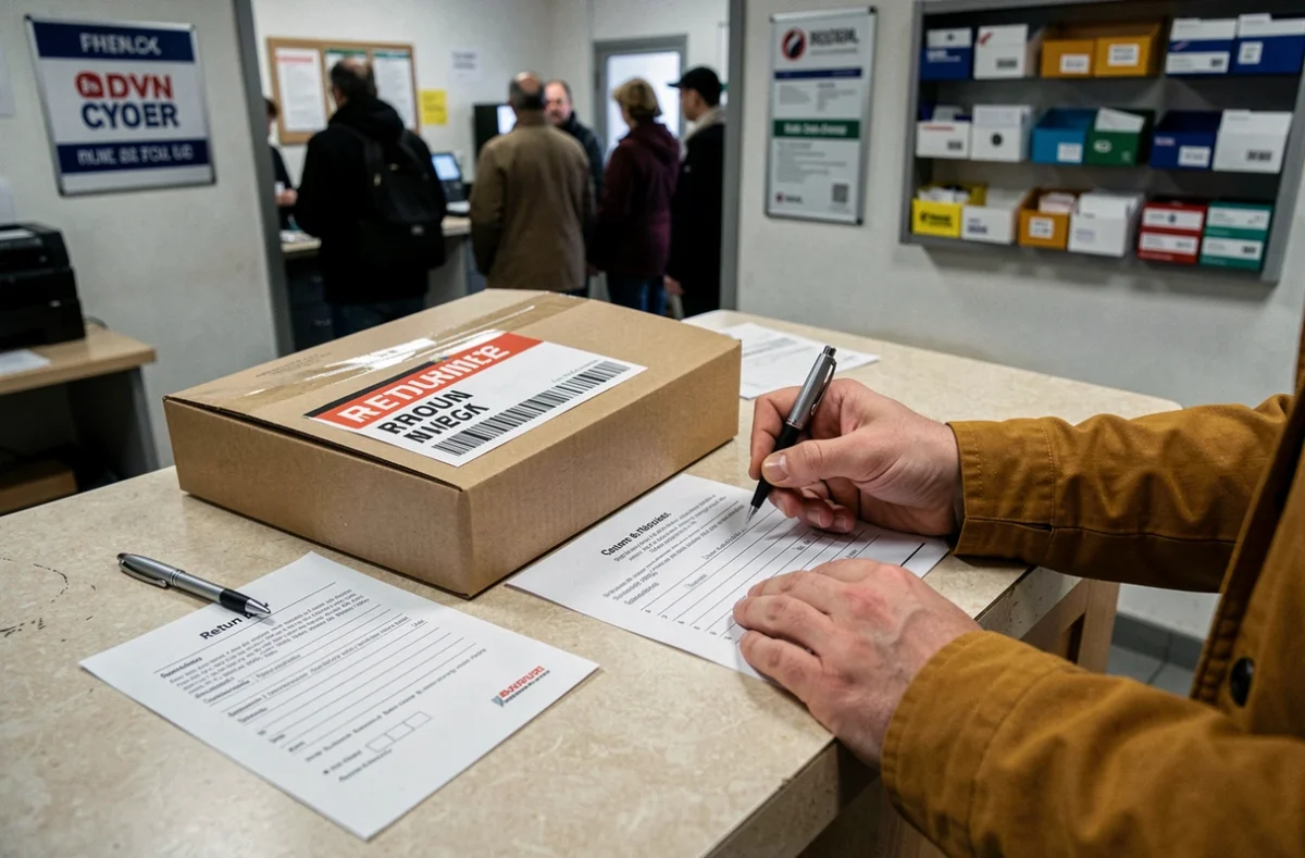 Colis Vinted avec étiquette de retour posé sur un comptoir de bureau de poste pendant la signature d'un formulaire de retour