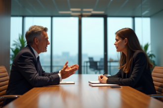Homme d'âge moyen et jeune femme en réunion d'affaires