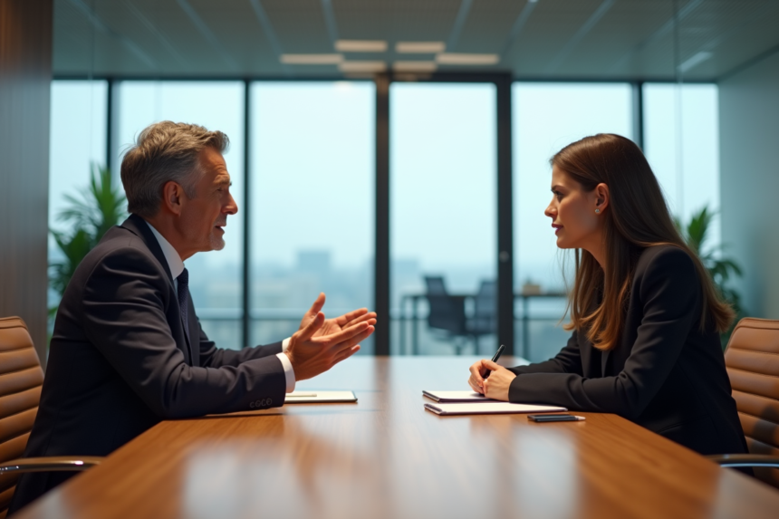 Homme d'âge moyen et jeune femme en réunion d'affaires