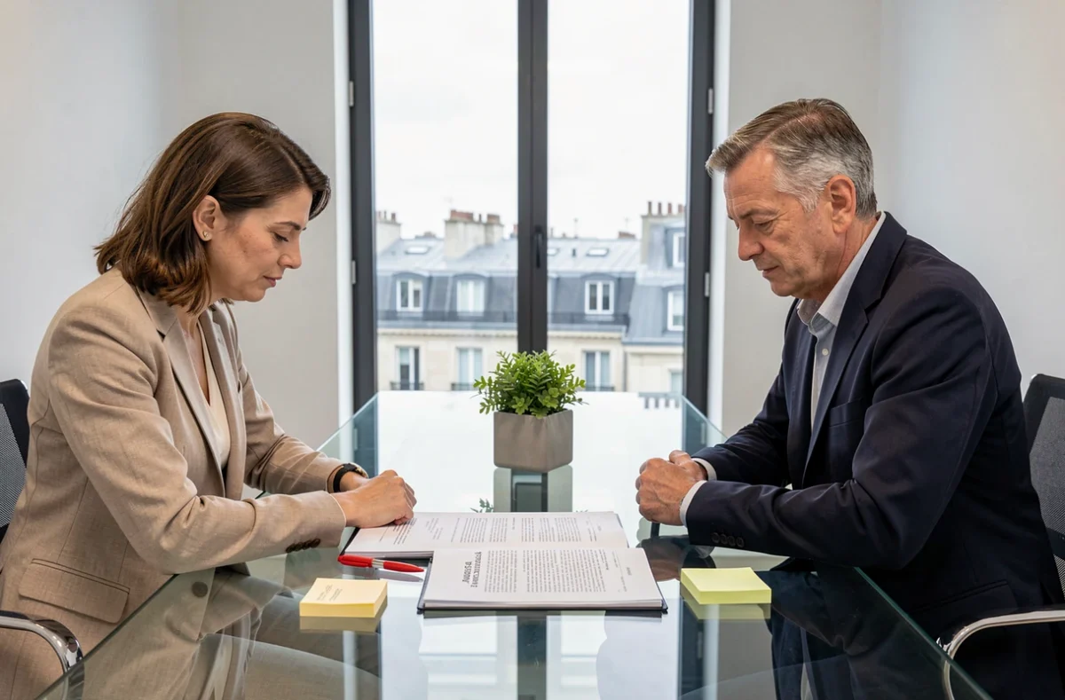 Deux juristes étudiant ensemble le dossier de l'article 544 dans une salle de réunion d'un cabinet d'avocats parisien