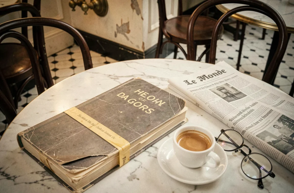 Roman de Pierre Lemaitre Les Années glorieuses posé sur une table de café parisien avec une tasse d'espresso et un journal, ambiance littéraire nostalgique