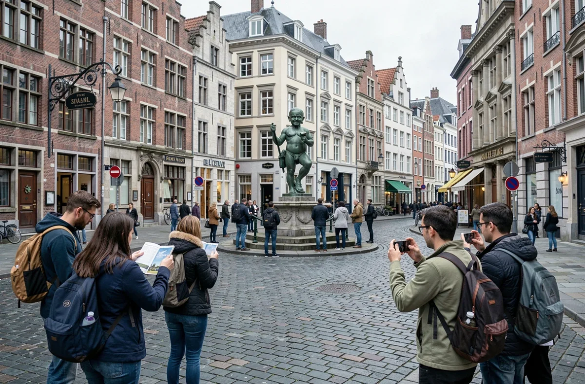 Vue grand angle de la Rue de l'Etuve à Bruxelles avec touristes rassemblés autour du monument Manneken-Pis dans son contexte urbain historique