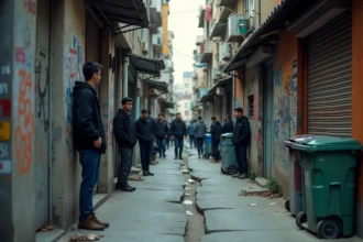 Jeunes hommes debout dans une ruelle urbaine dégradée d'un quartier populaire, atmosphère de tension et d'économie parallèle