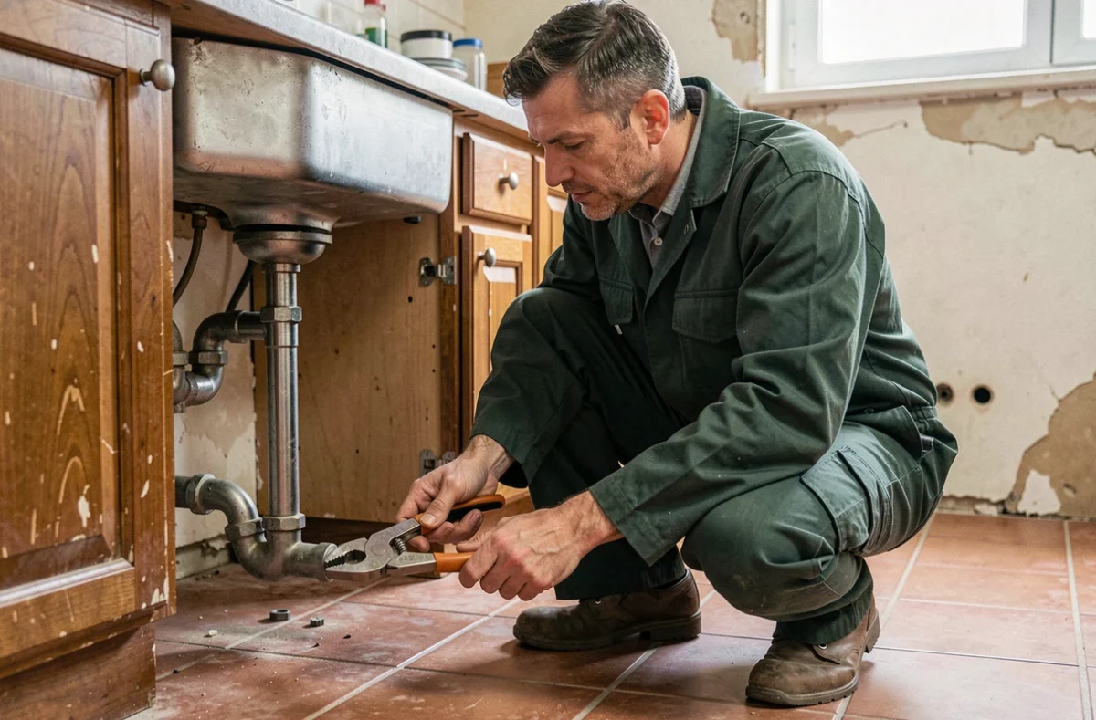 Plombier en intervention de dépannage et rénovation sous un évier dans un appartement du Mans
