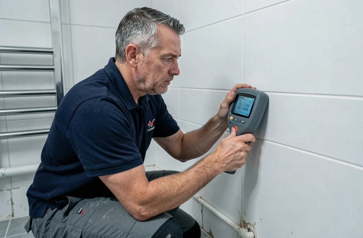 Spécialiste en recherche de fuite utilisant un détecteur électronique sur un mur de salle de bain au Mans