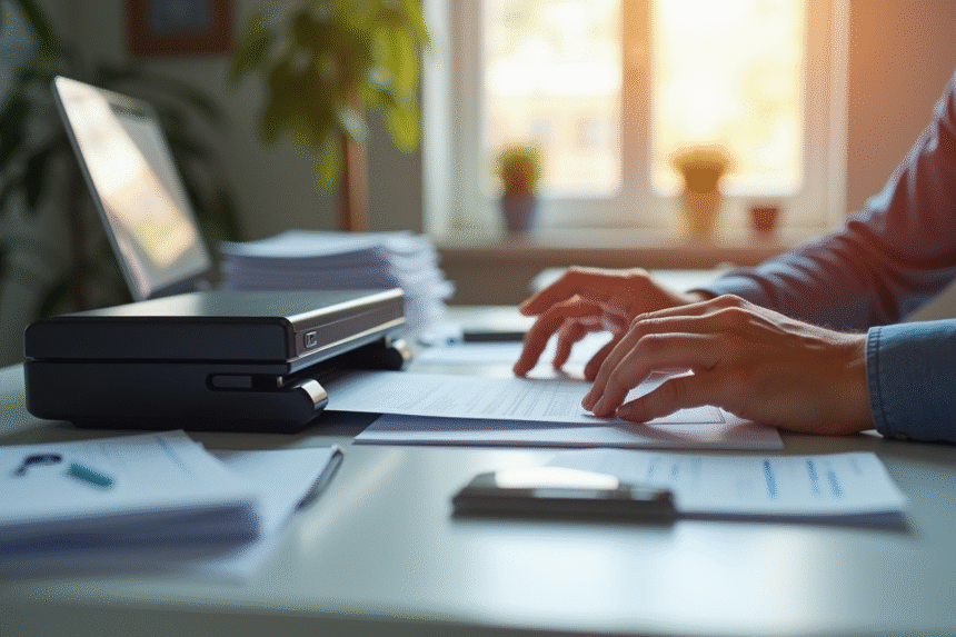 Mains utilisant un scanner moderne sur un bureau lumineux