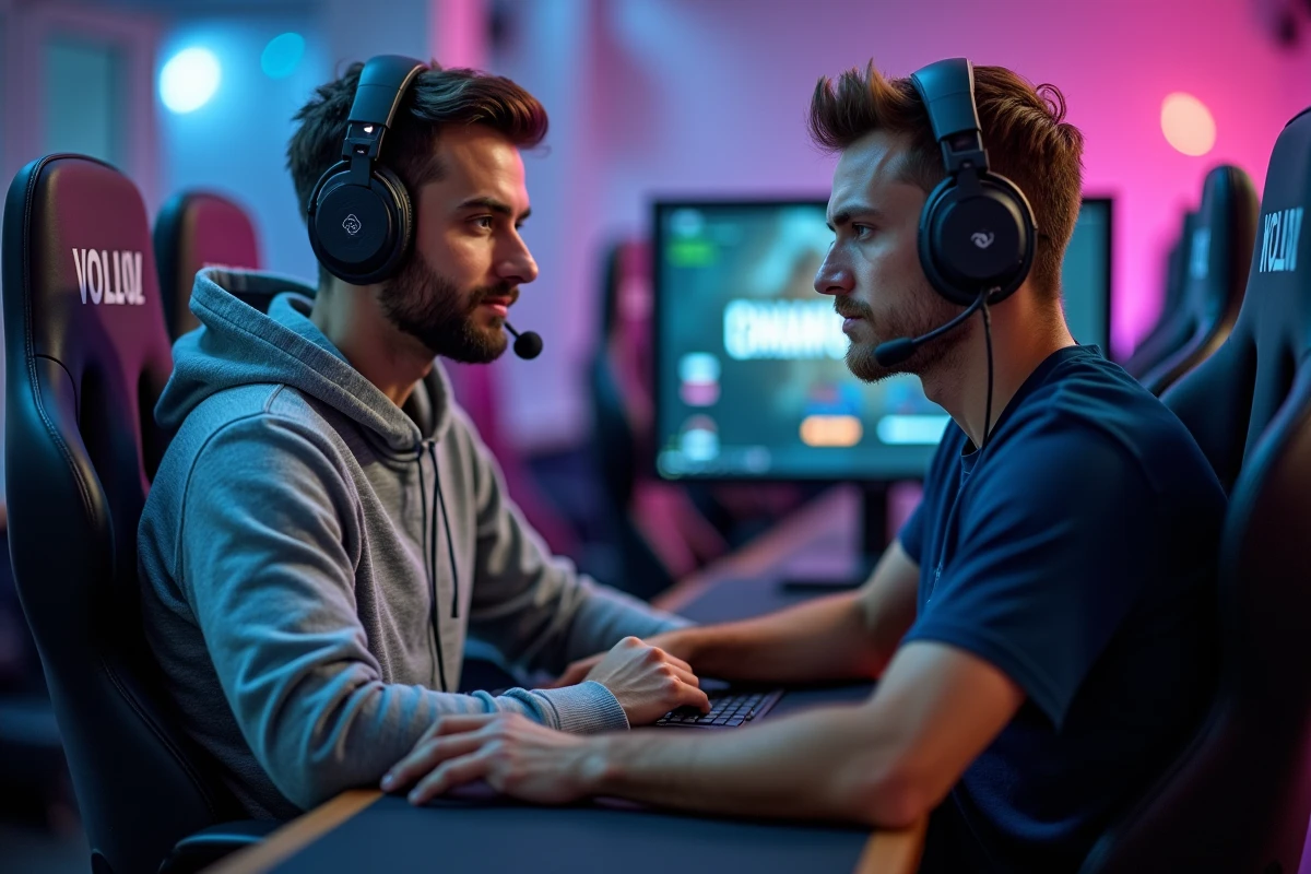Deux joueurs en session tryhard League of Legends dans un café gaming moderne
