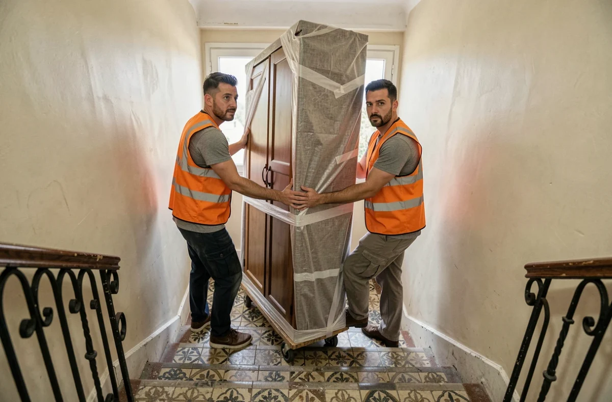 Déménageurs de SIET Déménagement manœuvrant une armoire dans l'escalier d'un immeuble ancien à Villeurbanne
