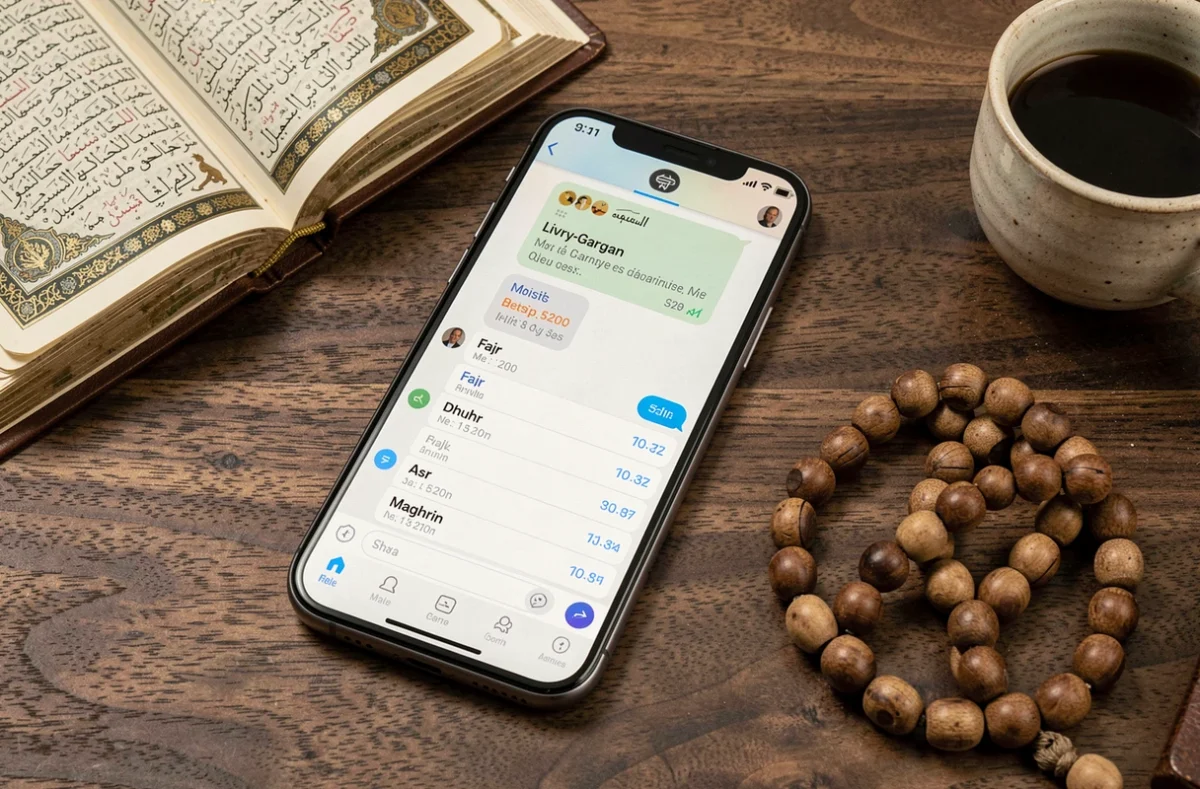 Écran de SMS affichant les horaires de prière de Livry-Gargan posé sur un bureau avec un Coran et un chapelet