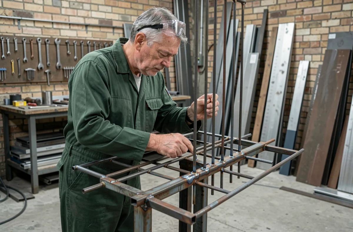 Artisan de SMS Serrurerie Métallerie Vitrerie inspectant une grille métallique dans son atelier