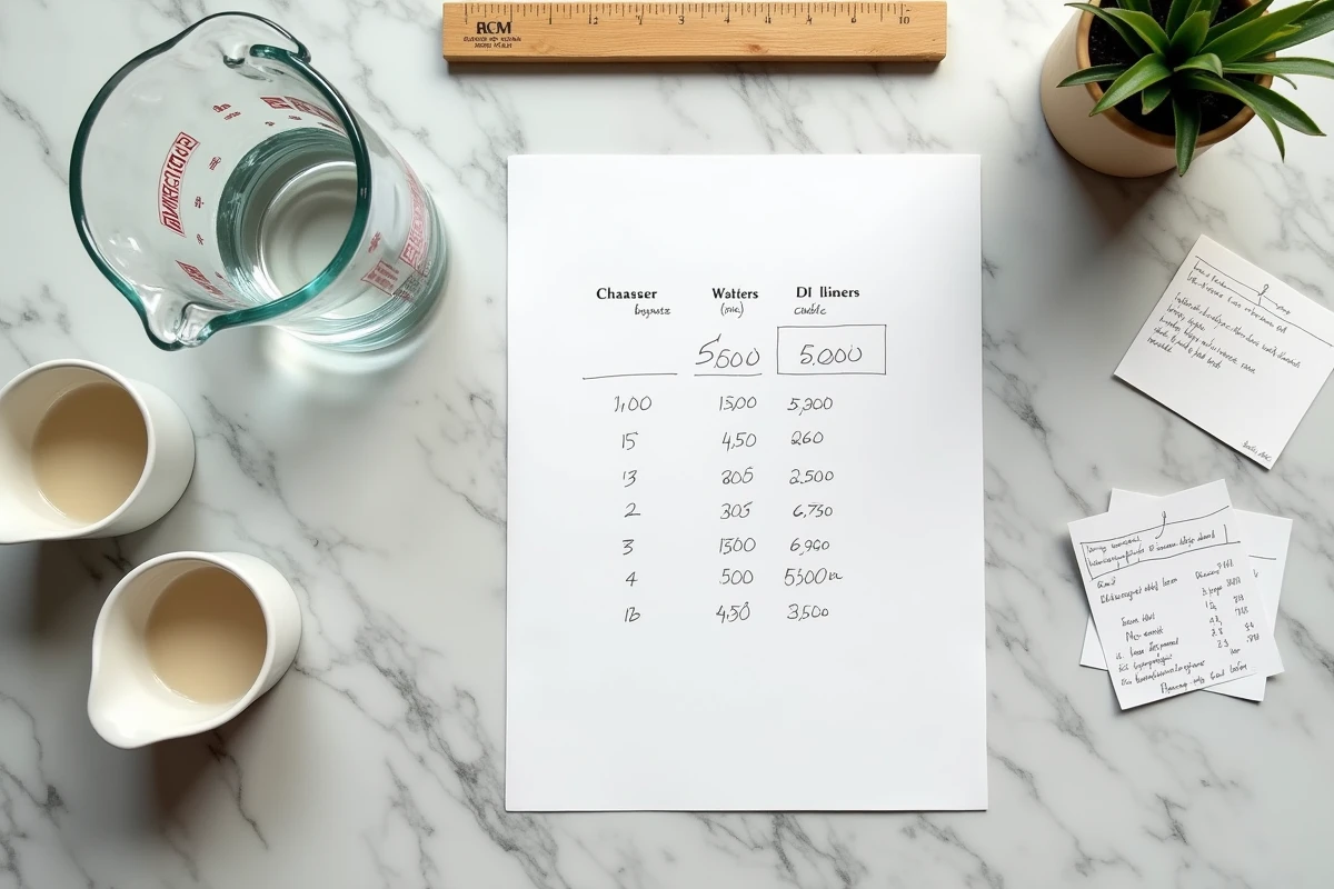 Vue en plongée d'un tableau de conversion litre cm3 posé sur un plan de travail en marbre avec des ustensiles de mesure de cuisine