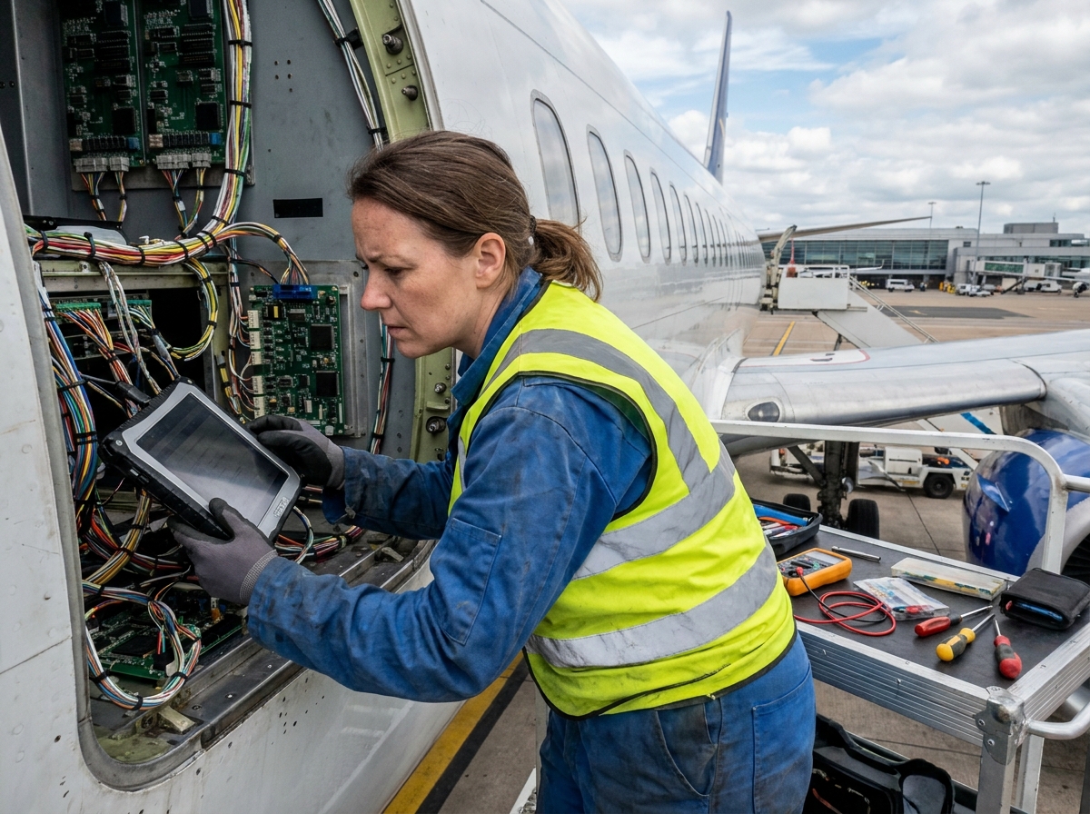 Technicienne en maintenance aéronautique examinant un avion