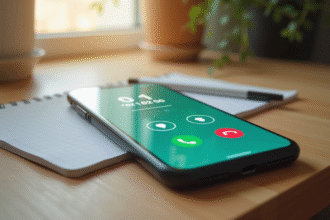 Smartphone sur un bureau en bois avec écran d'appel et carnet