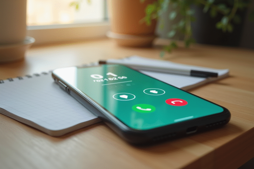 Smartphone sur un bureau en bois avec écran d'appel et carnet