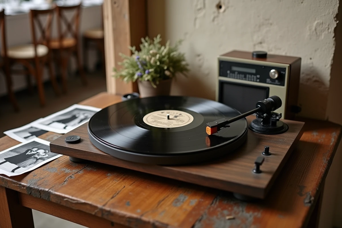 Tourne-disque vintage avec un vinyle 45 tours posé sur une table en bois lors d'une réception de mariage à l'ambiance années 60