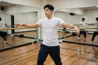 Jeune trainee coréen pratiquant la danse dans un studio de répétition avec miroirs, incarnant l'entraînement intensif des groupes K-pop