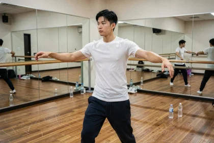 Jeune trainee coréen pratiquant la danse dans un studio de répétition avec miroirs, incarnant l'entraînement intensif des groupes K-pop