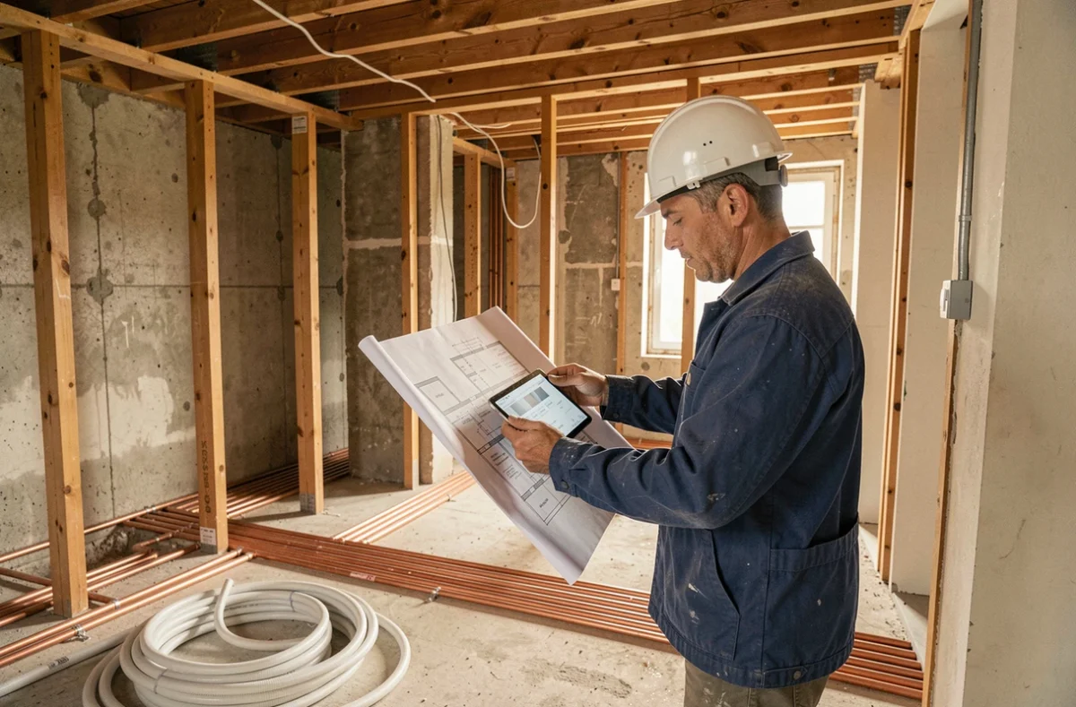 Spécialiste en rénovation globale étudiant des plans de plomberie et chauffage dans un chantier de rénovation