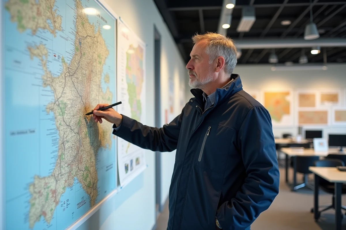 Urbaniste en salle de planification régionale examinant une carte topographique de la Normandie illustrant les données de superficie et de densité de population