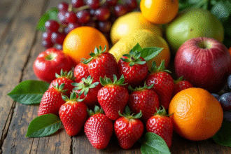Assortiment de fruits frais sur une table en bois