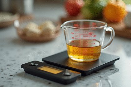 Verre mesure 100 ml avec balance numérique en vue plongeante