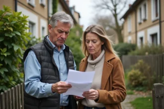 Voisins discutant devant une clôture dans un quartier résidentiel