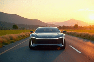 Voiture électrique moderne sur route au lever du soleil