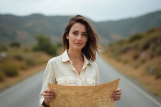 Voyageuse tenant une carte routière avec des annotations de conversion miles en kilomètres sur une route de campagne